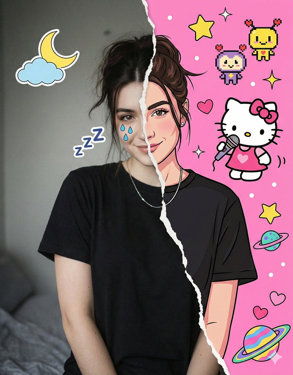 Anime & Photo Split Portrait: Playful Digital Art Woman Nano Banana提示词