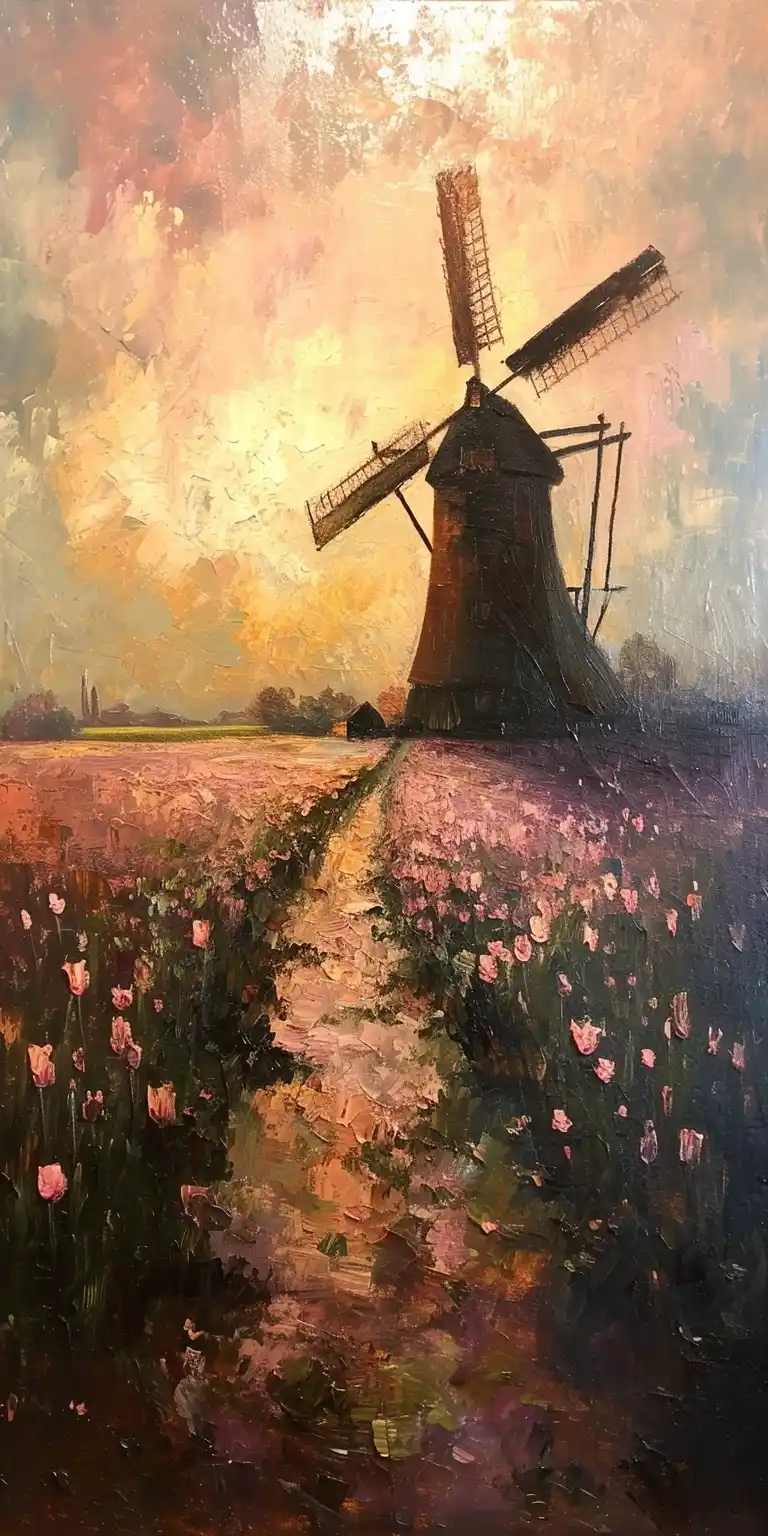 Vintage Windmill Sunset Tulips Midjourney提示词