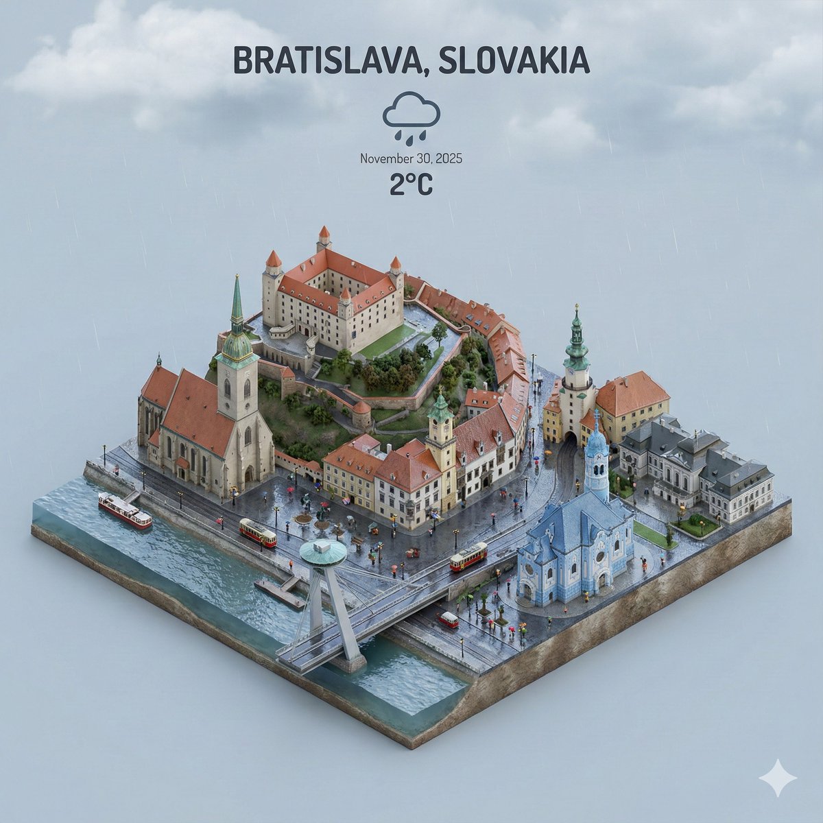 Bratislava 3D Miniature Cityscape | Rainy Day Render Nano Banana提示词