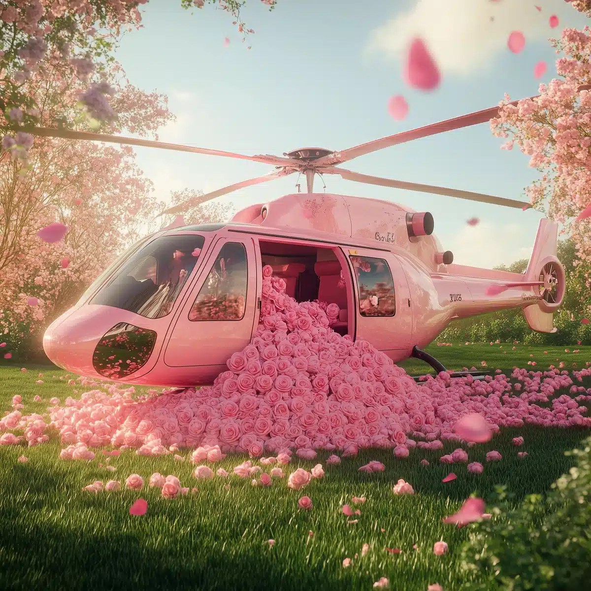 Ultra-Realistic Pink Helicopter Overflowing with Roses Midjourney提示词