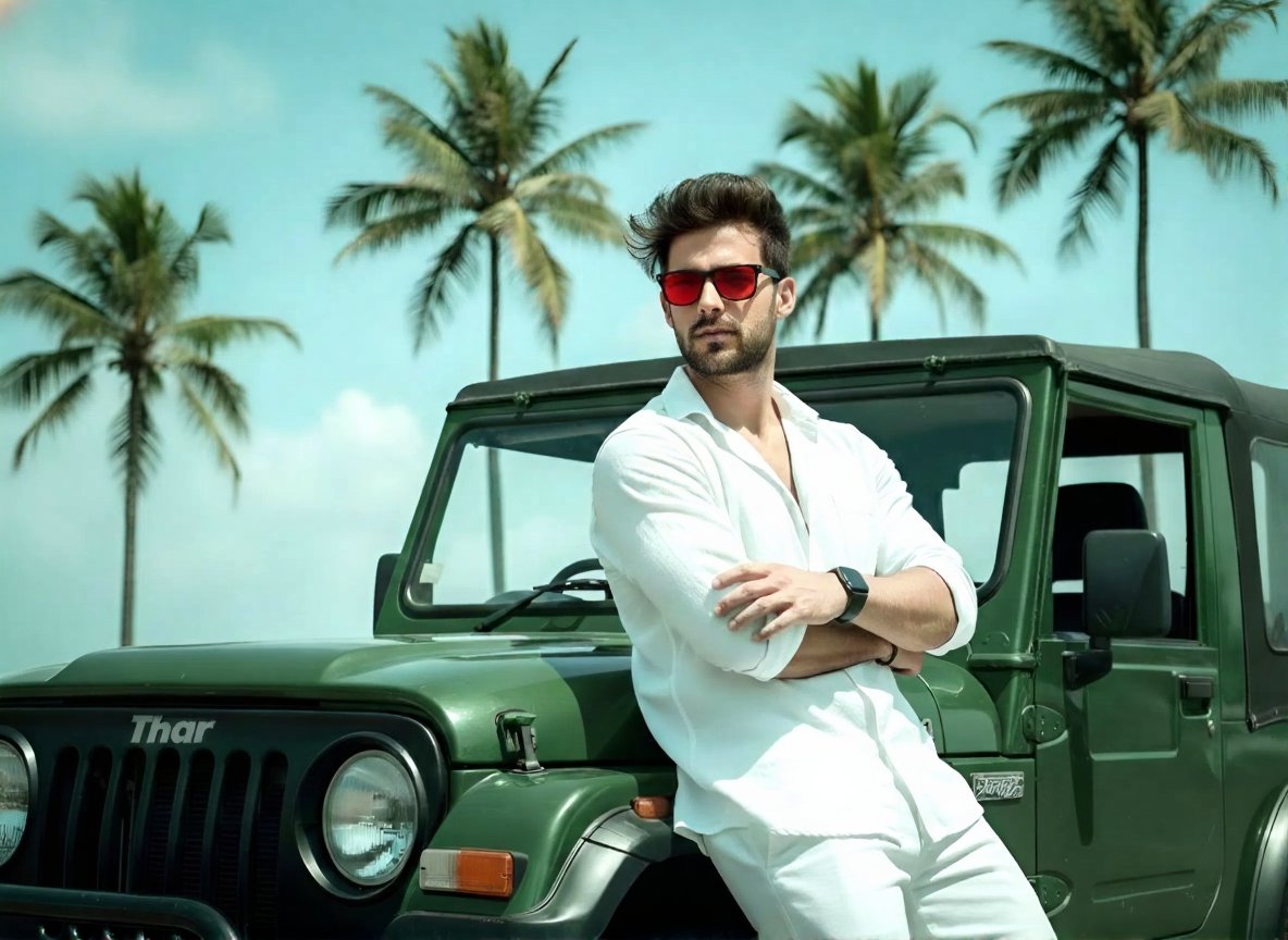 Stylish Man in White with Green Jeep | Tropical Summer Fashion Nano Banana提示词