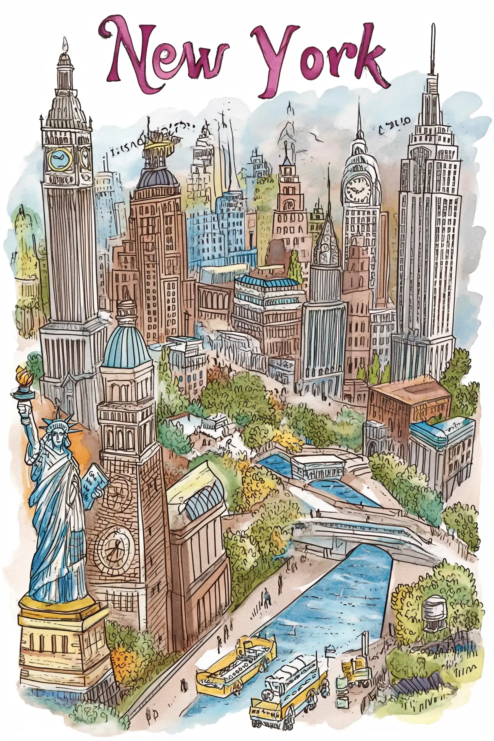 Vibrant NYC Landmarks Map Midjourney提示词