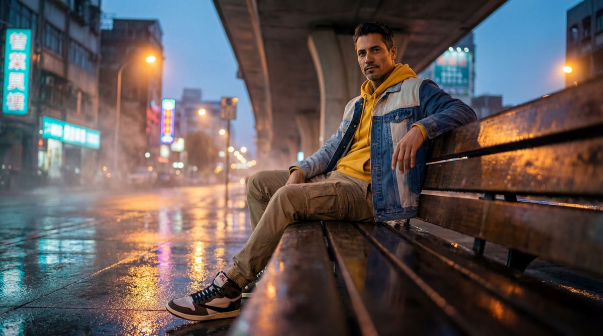 Stylish Man Urban Fashion Rainy City Night Portrait Nano Banana提示词