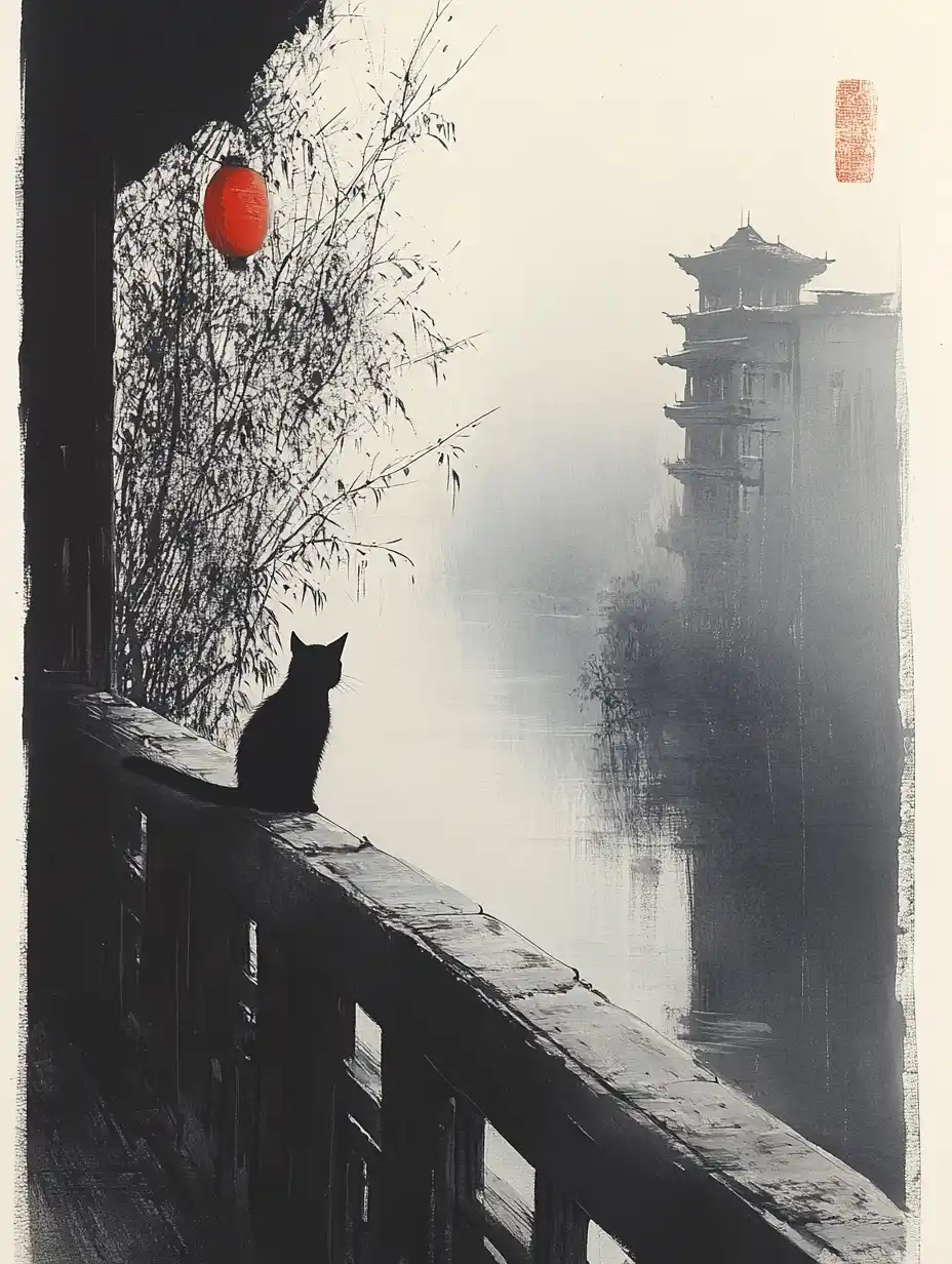 Sumi-e Cat by Water Midjourney提示词