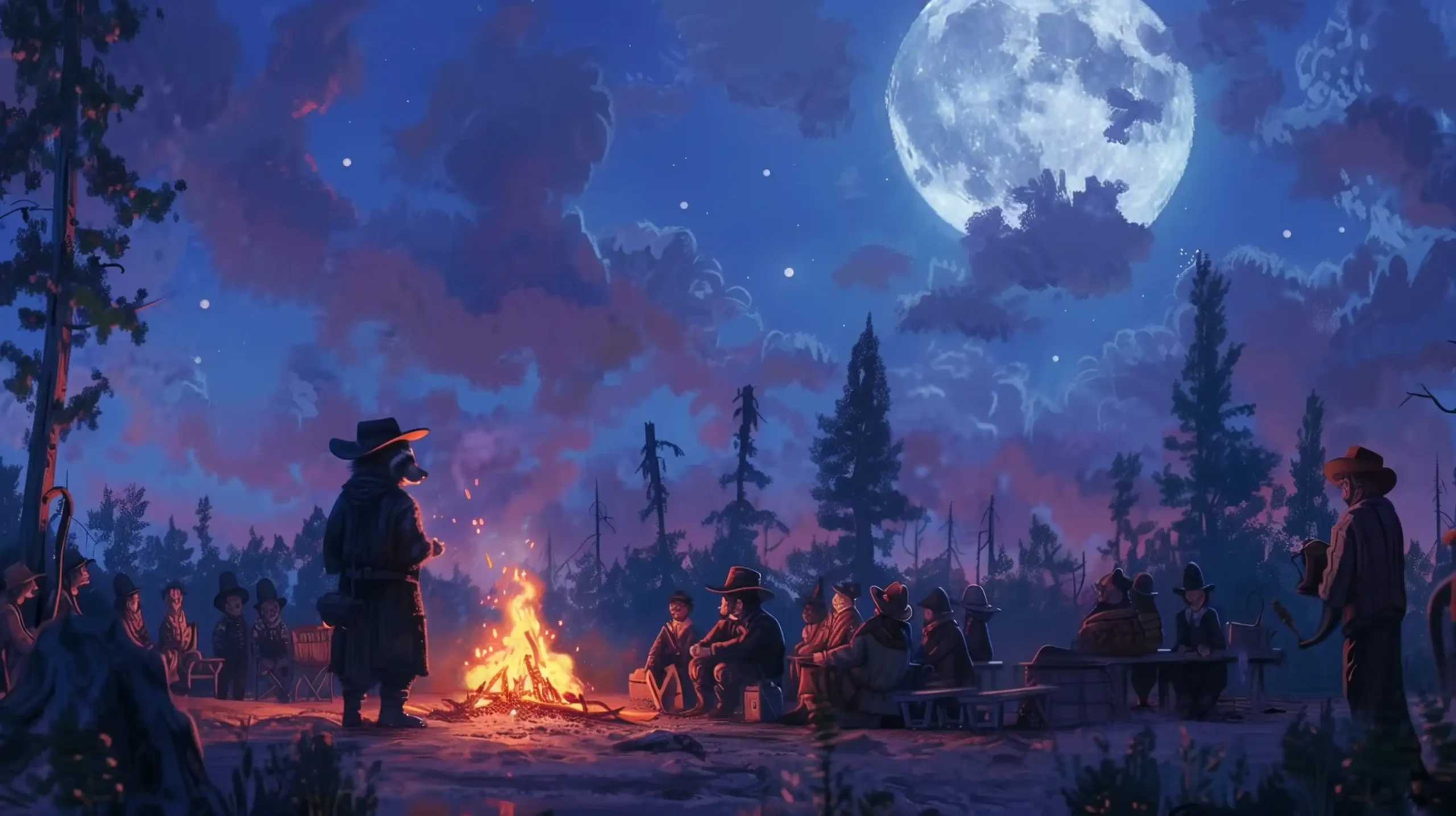 Raccoon Storyteller Night Scene Midjourney提示词