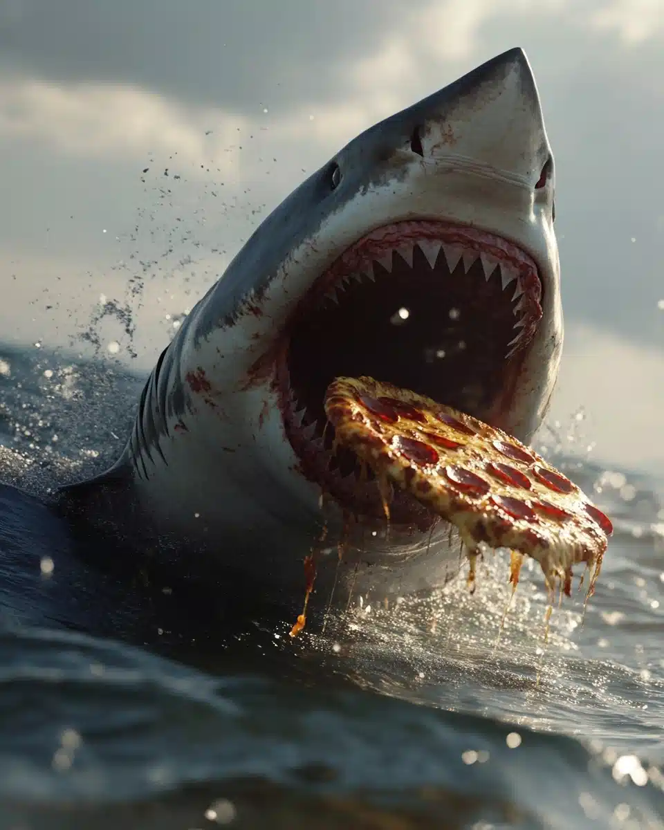 Hyper-Realistic Shark Pizza Attack Midjourney提示词