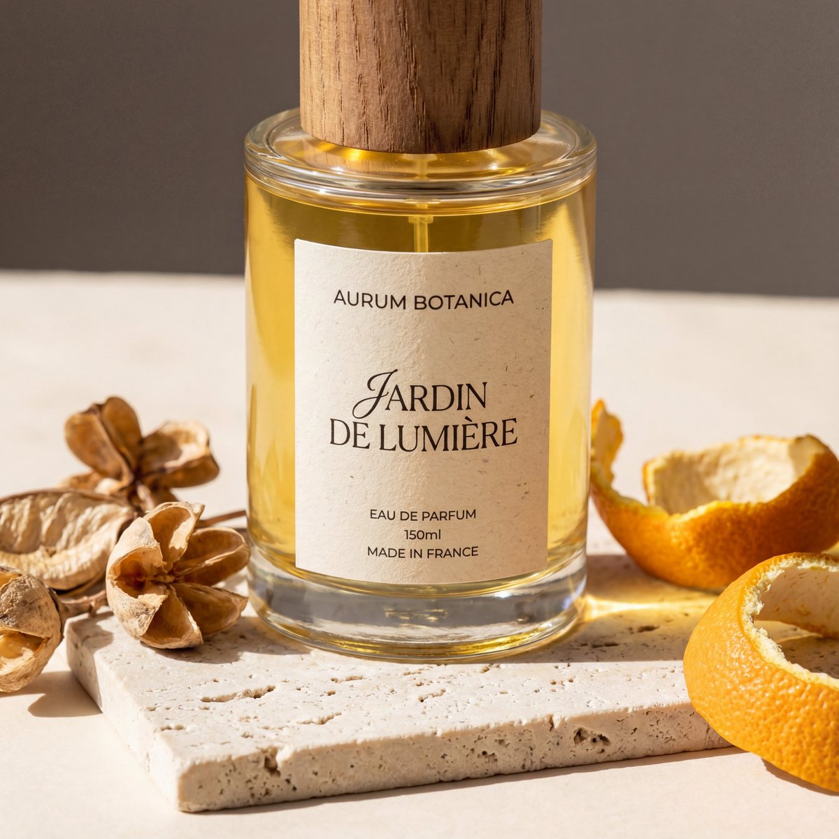 Aurum Botanica Perfume Bottle | Product Photography | Orange Nano Banana提示词