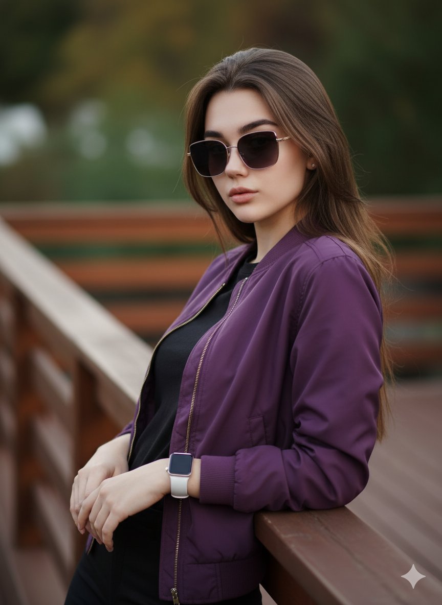 Stylish Woman in Purple Bomber Jacket & Sunglasses Nano Banana提示词