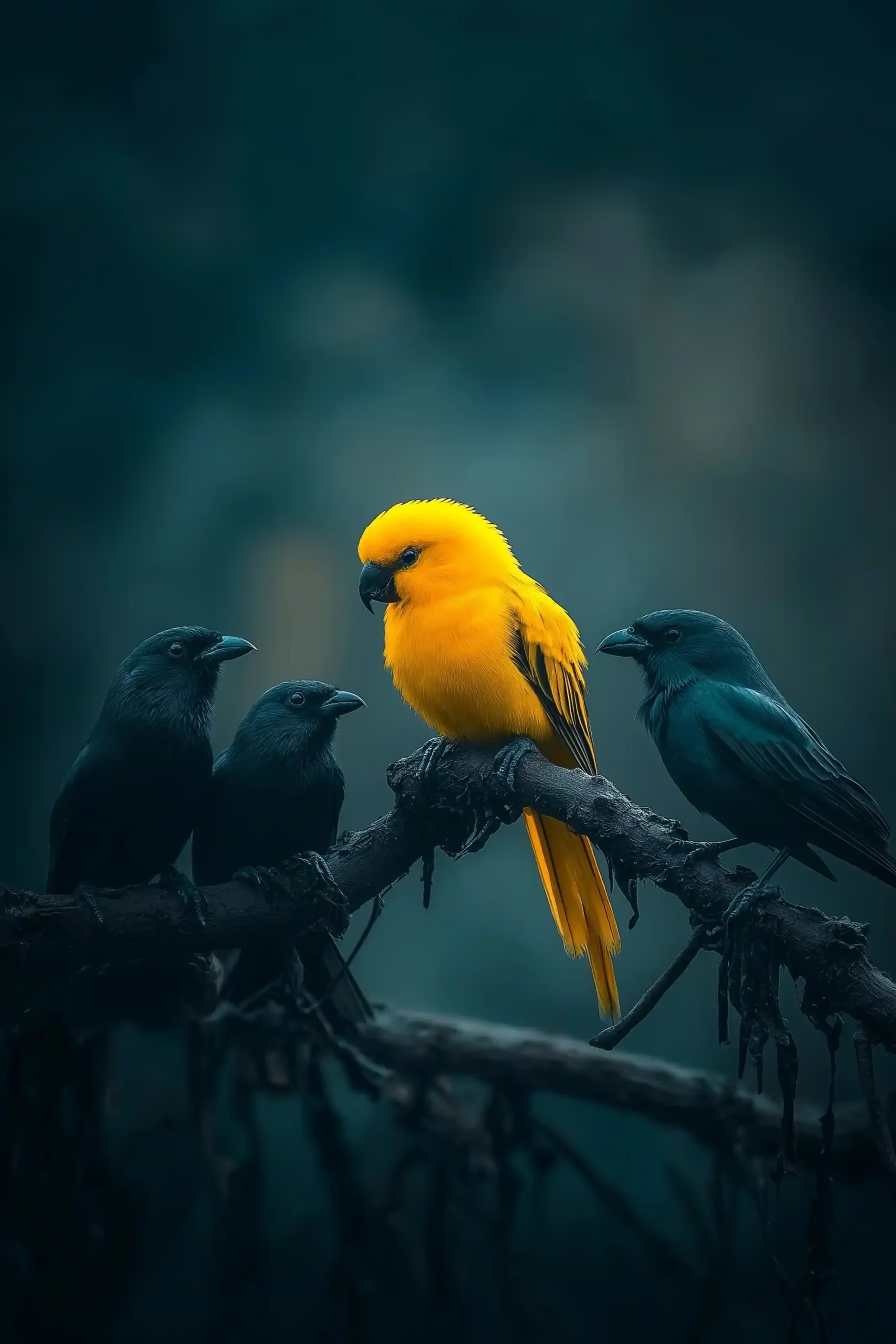 Lonely Yellow Bird Amidst Black Birds Midjourney提示词