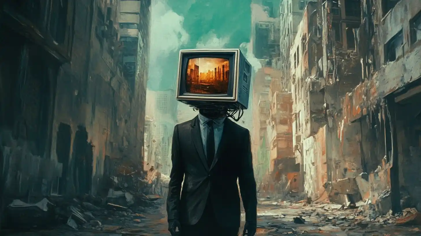 Futuristic Man with TV Head Midjourney提示词
