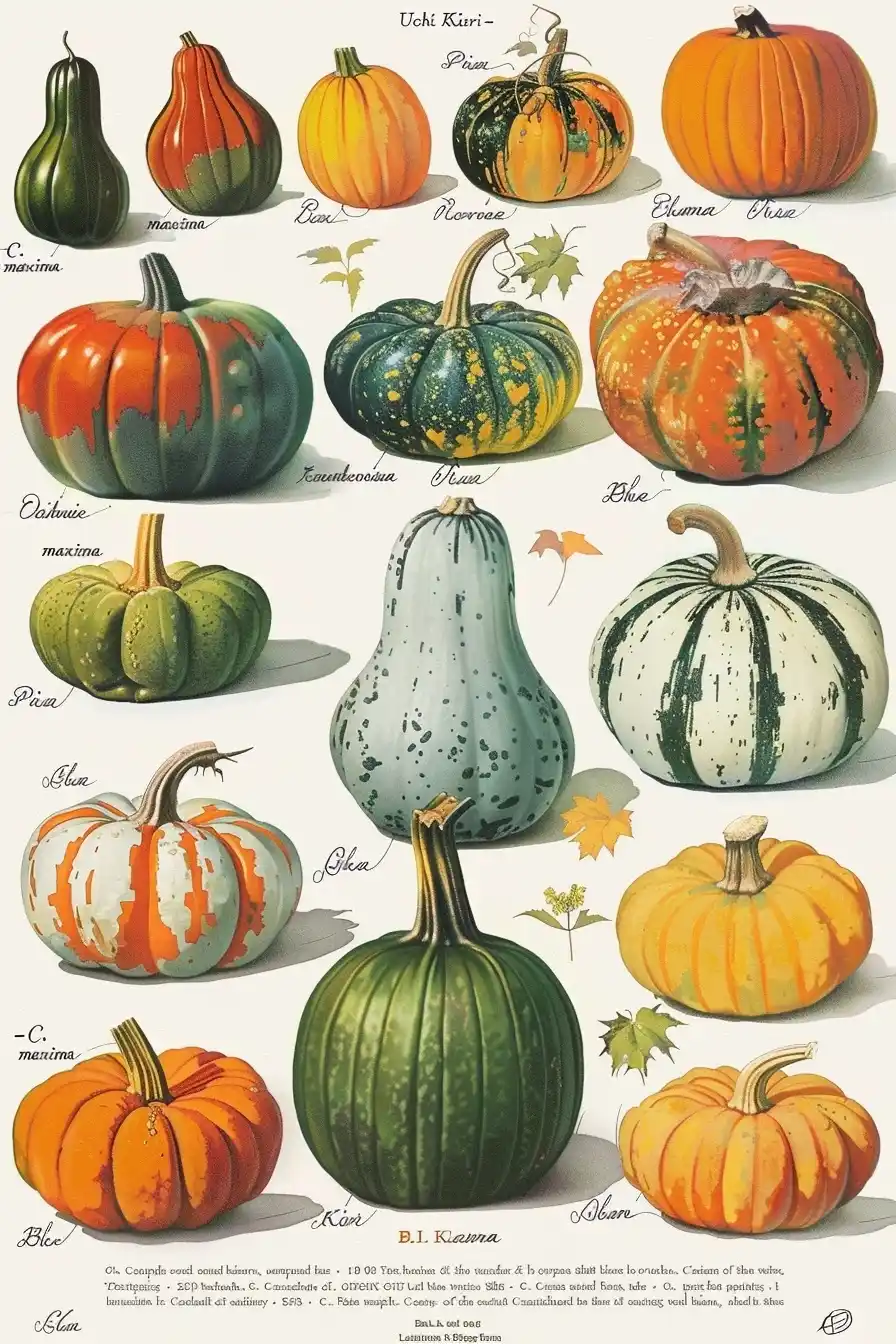 Pumpkin Varieties Illustrated Midjourney提示词
