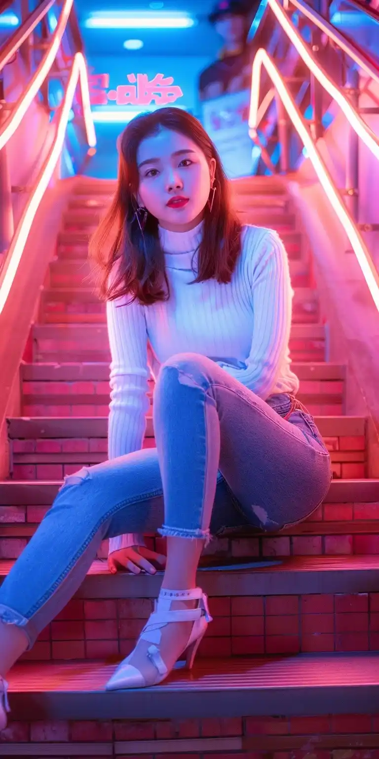 Confident Chinese Woman Staircase Midjourney提示词