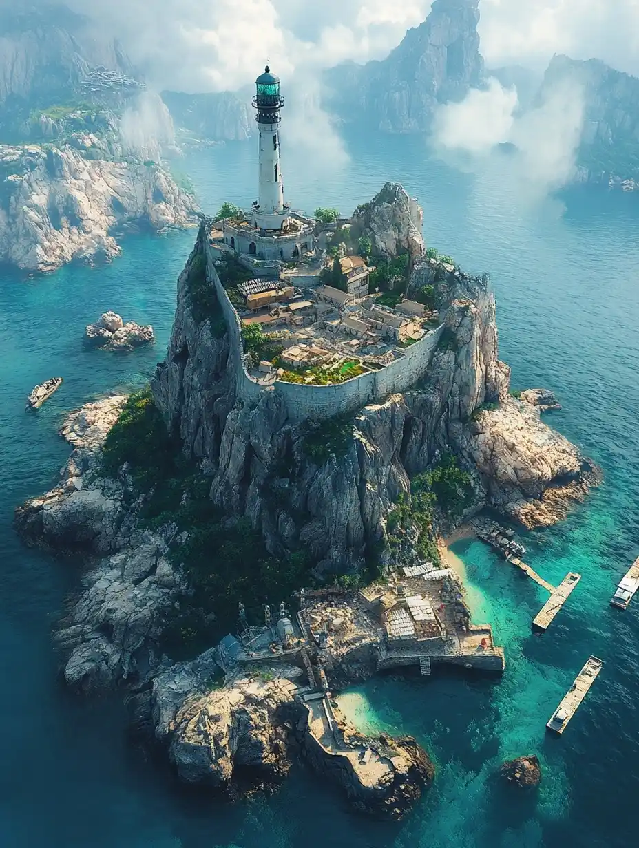 Surreal Island with Lighthouse Midjourney提示词