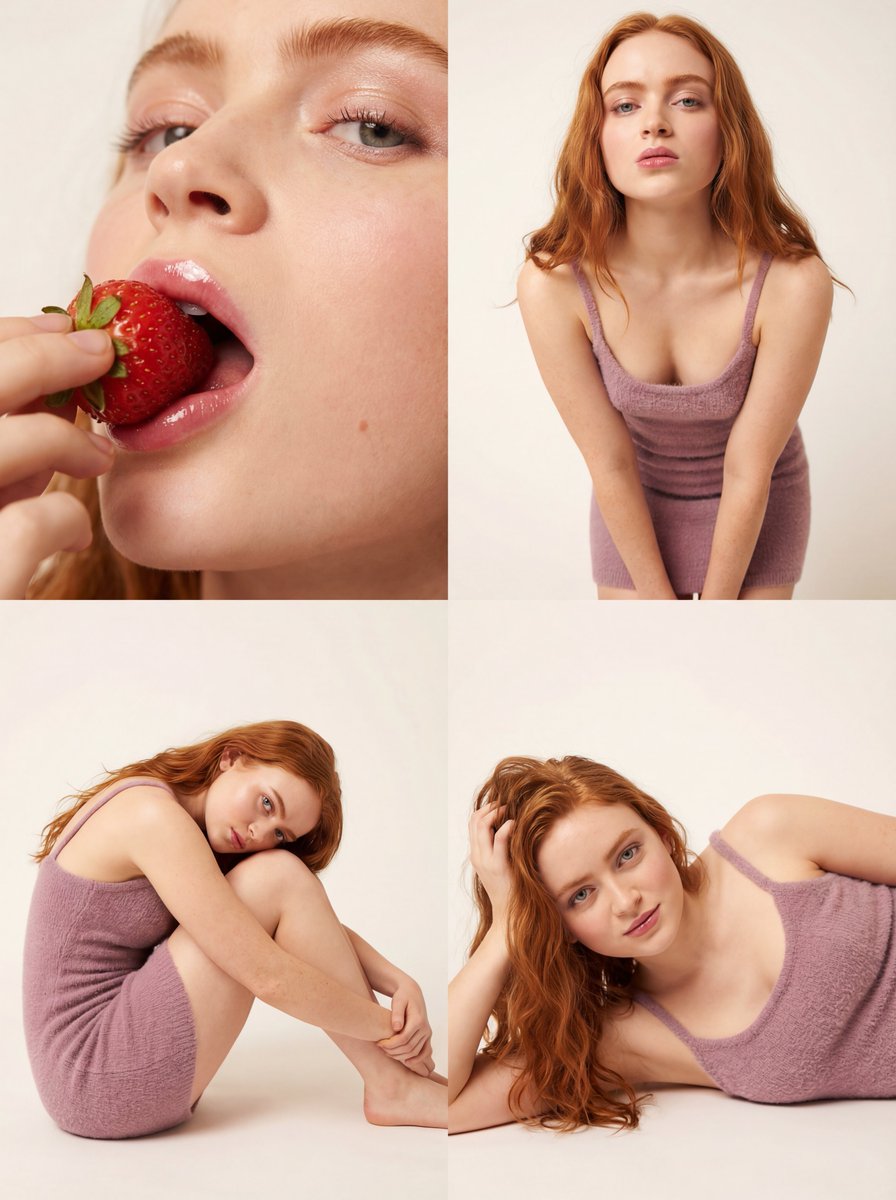 Redhead Model Fashion Portrait, Lilac Dress & Strawberry Nano Banana提示词