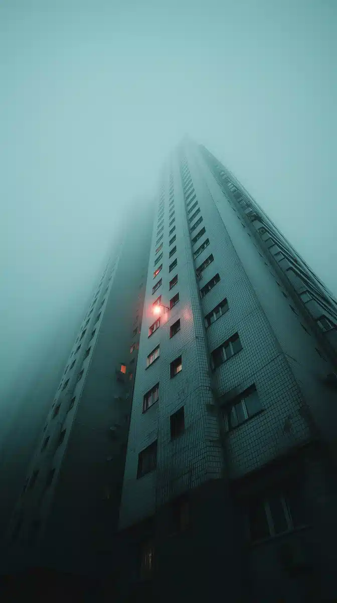 Retrofuturistic Skyscraper in Fog Midjourney提示词