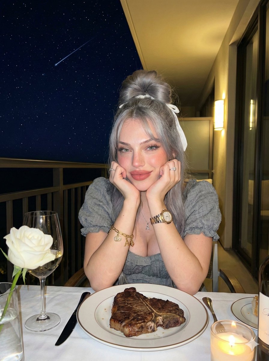 Romantic Dinner Portrait: Woman, Steak, Night Sky Nano Banana提示词