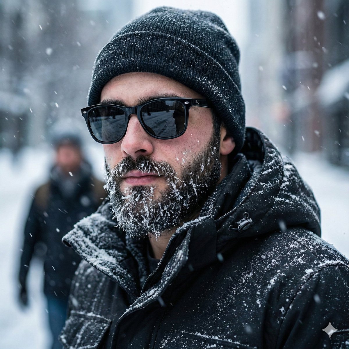 Winter Portrait of Man with Snowy Beard and Sunglasses Nano Banana提示词
