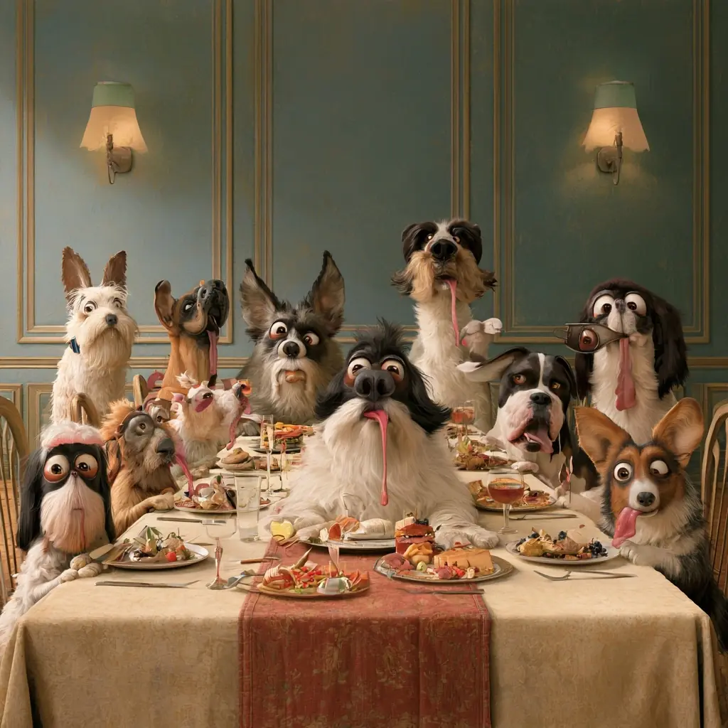 Dogs Dining Like Humans Midjourney提示词