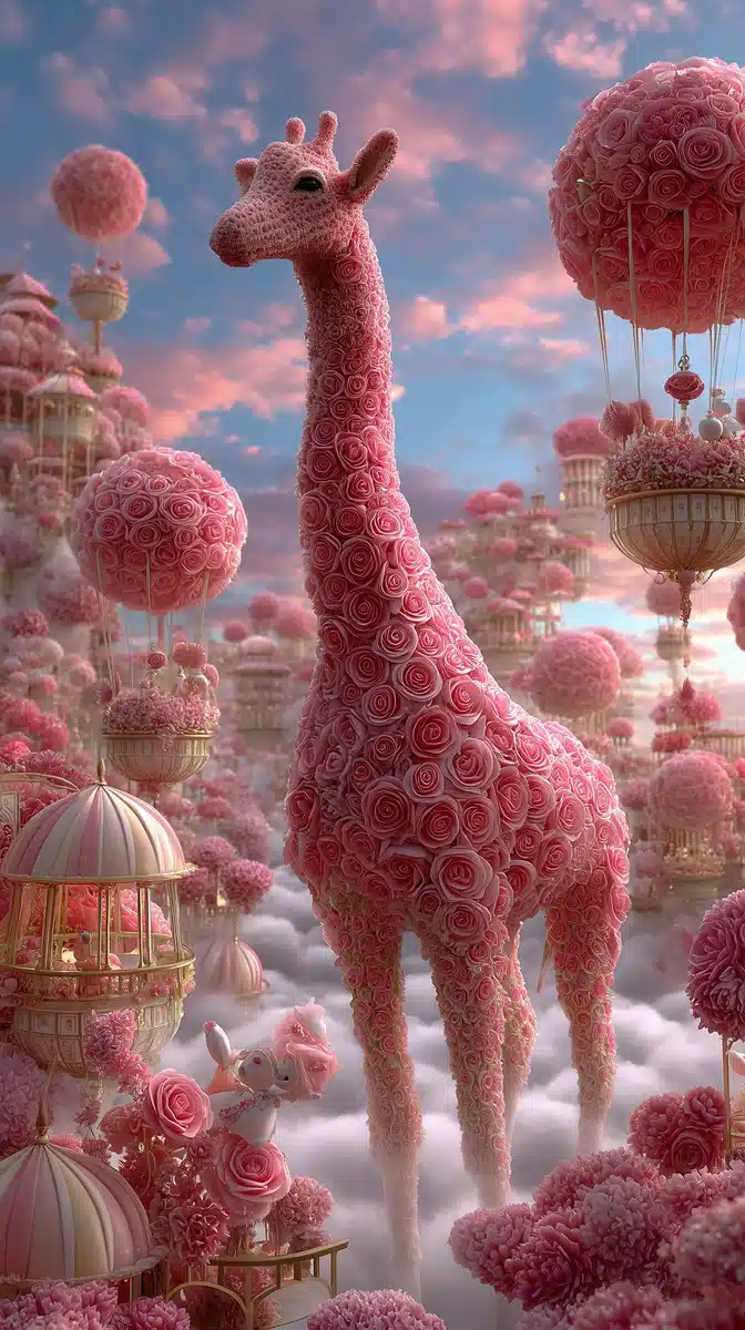Floral Giraffe at Market Midjourney提示词