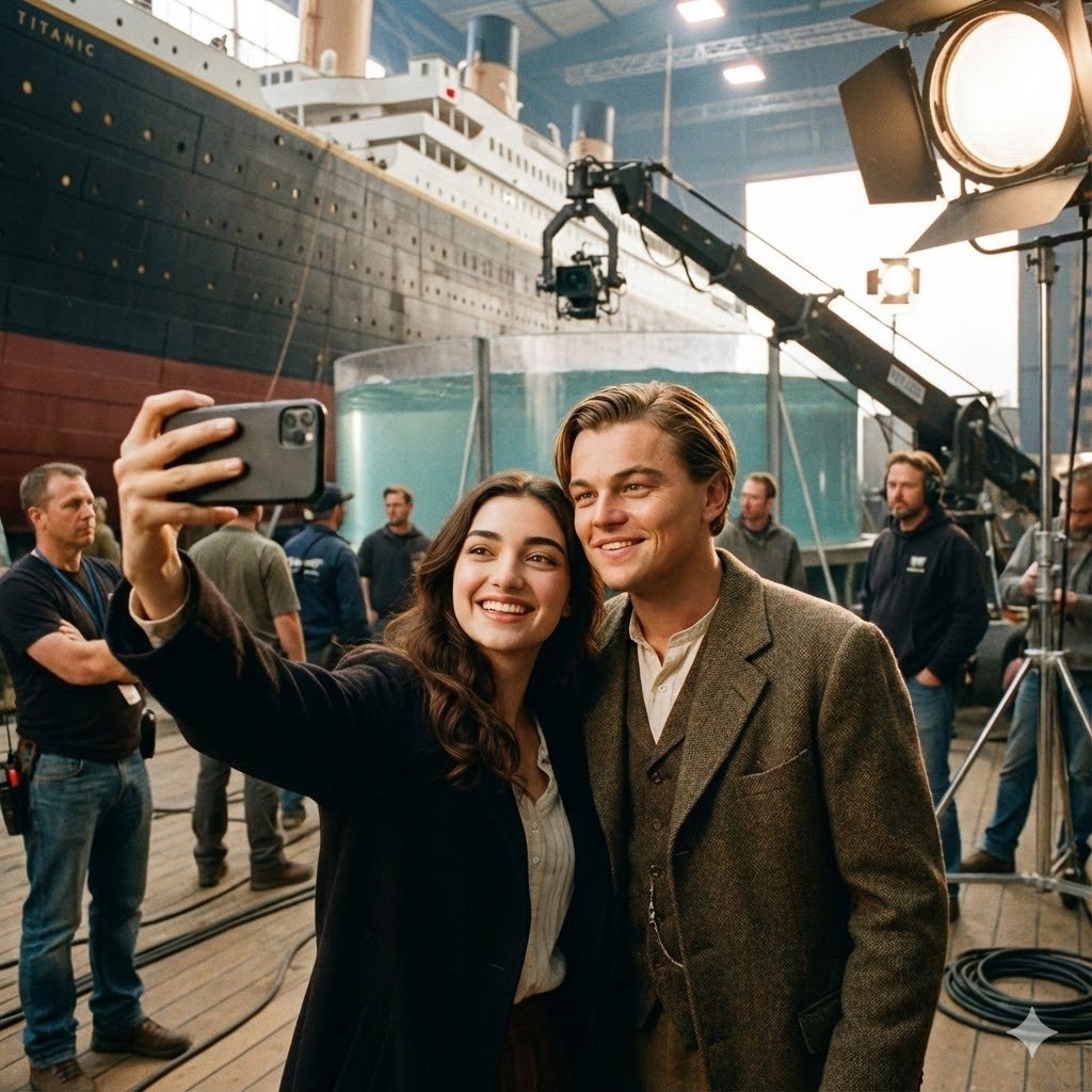 Cheerful Selfie on Titanic Film Set with Actors Nano Banana提示词