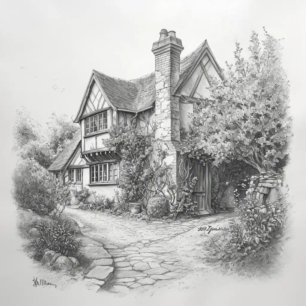 Tudor House in Garden Midjourney提示词