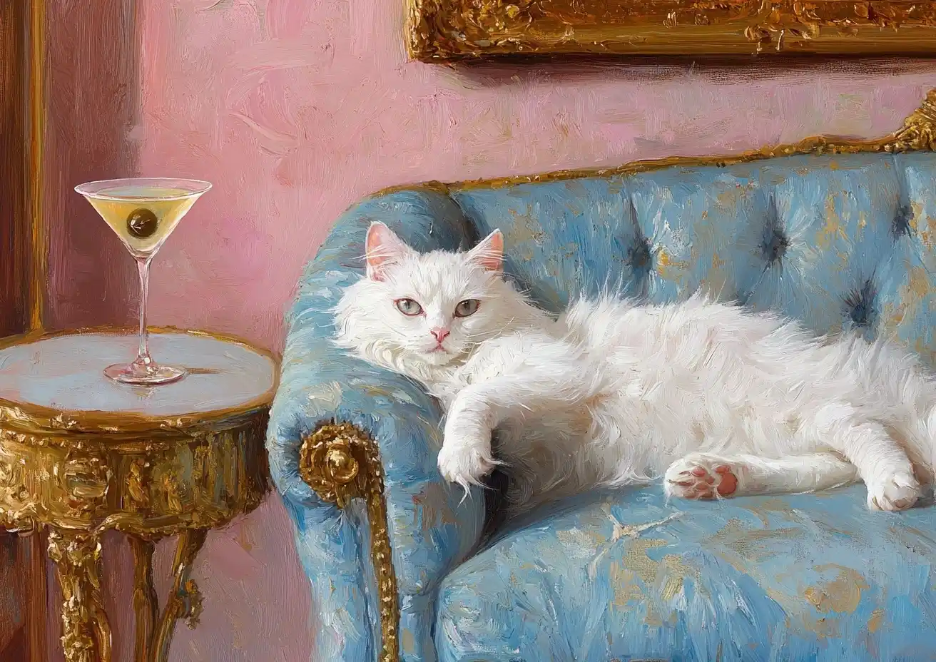 Impressionist Cat on Sofa Midjourney提示词