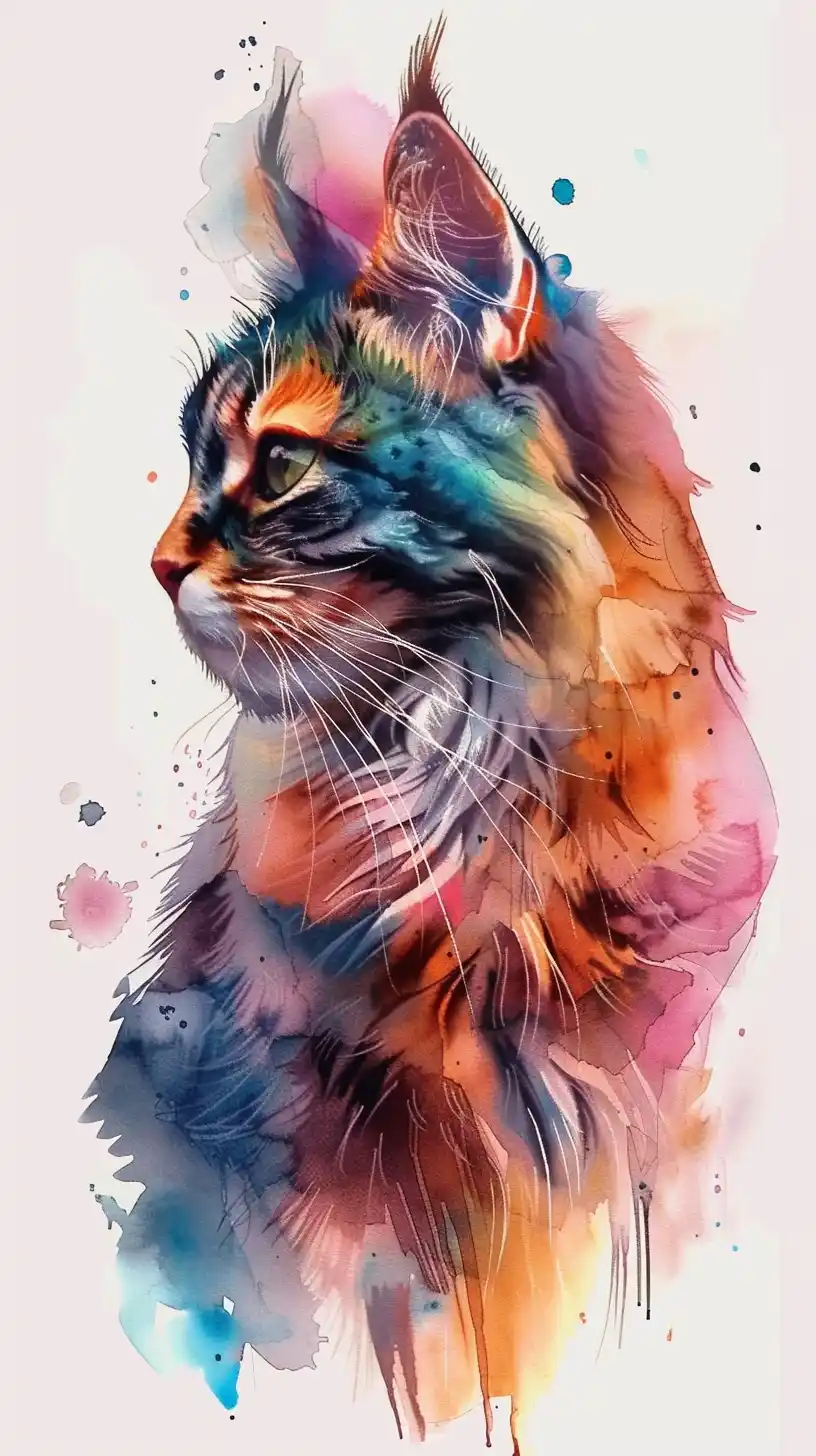 Watercolor Cat Portrait Midjourney提示词