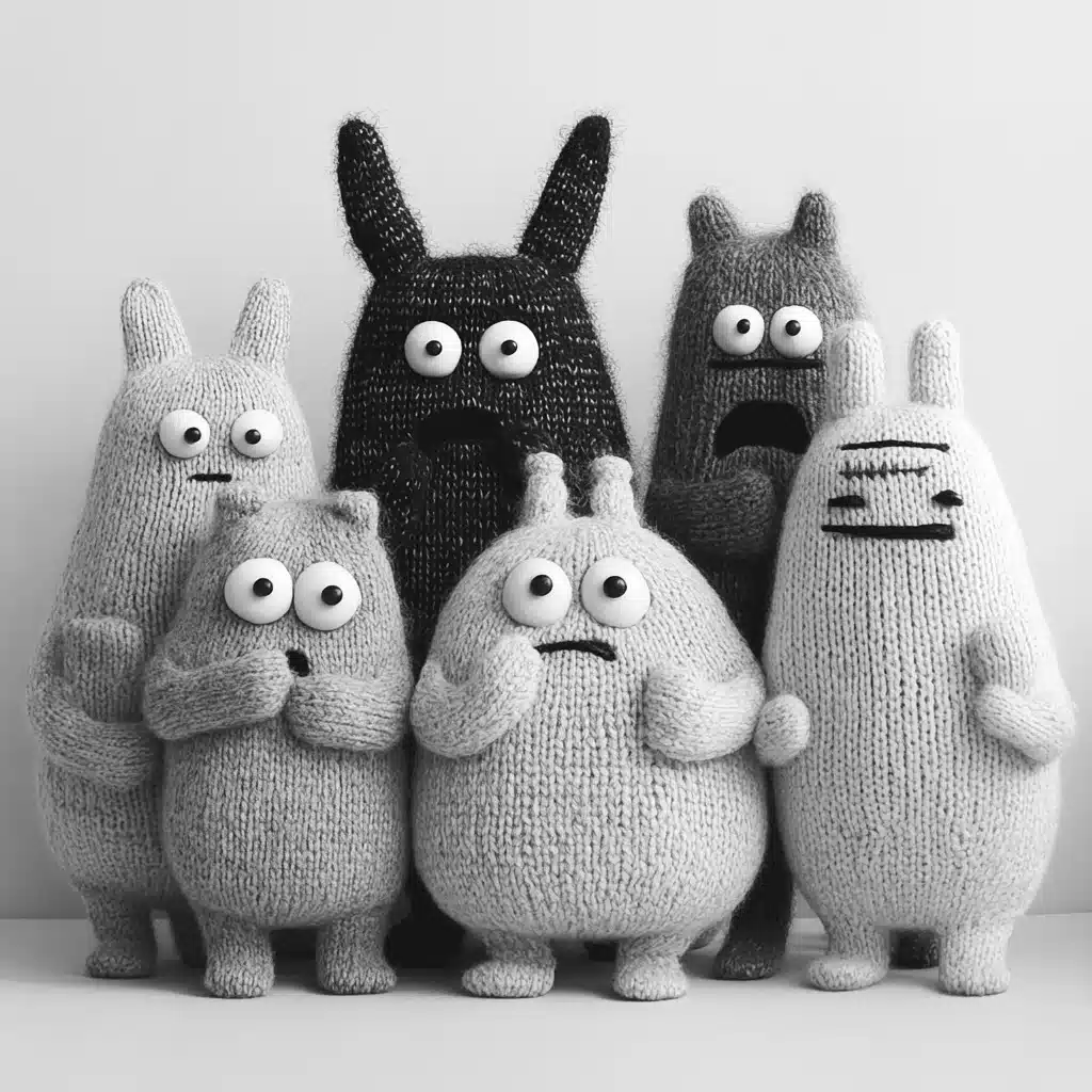 Knitted Creatures in Monochrome Midjourney提示词