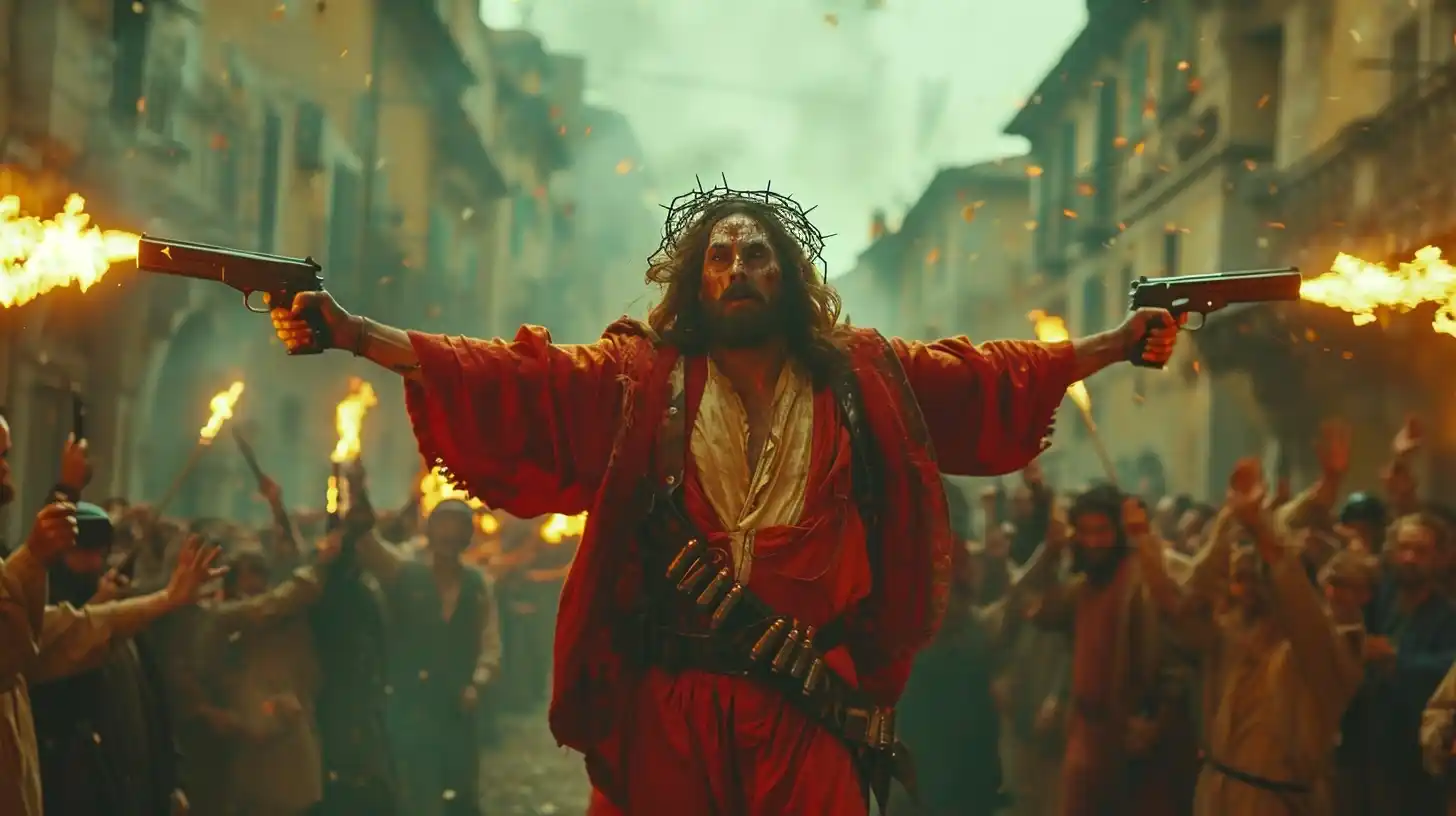 Parachuting Jesus Cinematic Action Midjourney提示词