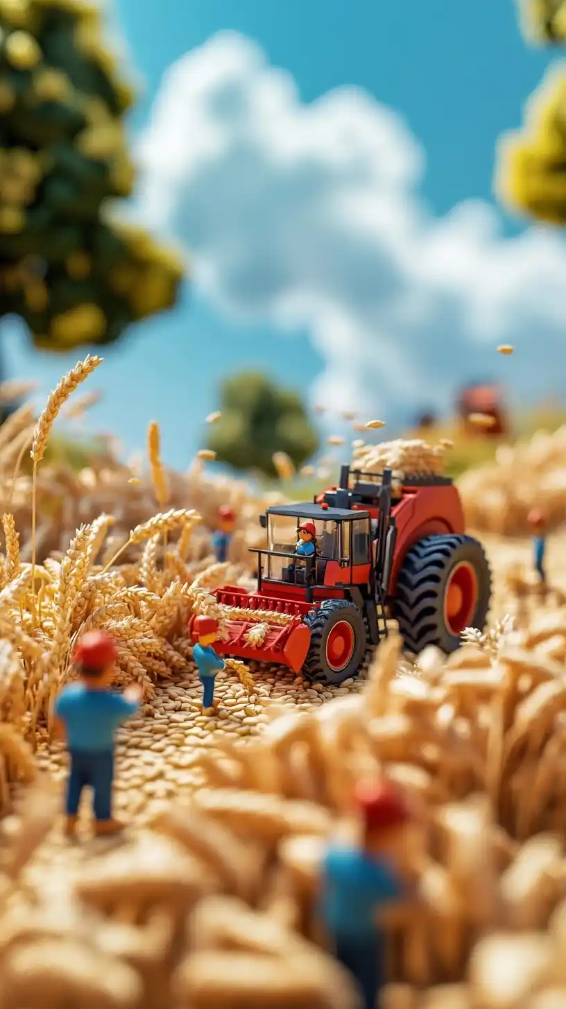 Miniature Farmers Harvesting Wheat Midjourney提示词