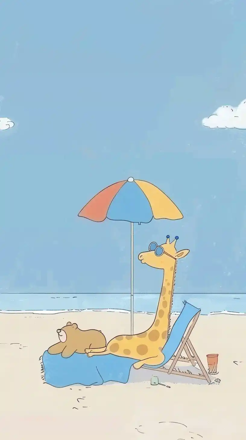 Cartoon Giraffe Beach Day Midjourney提示词