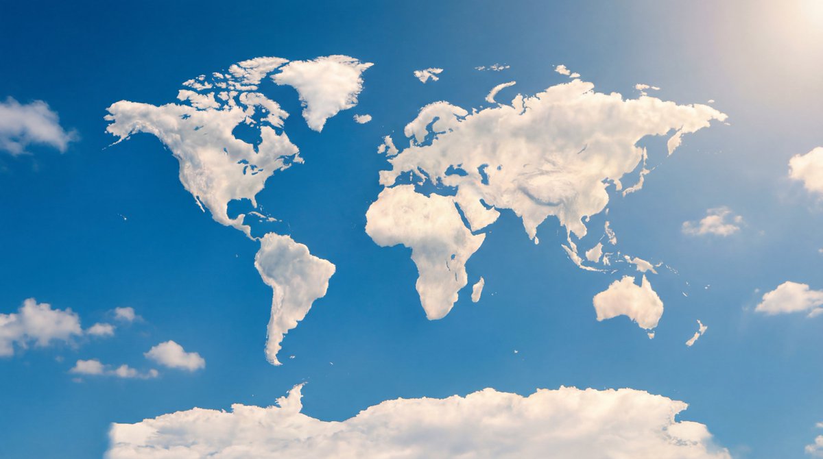 Photorealistic Cloud World Map Art on Blue Sky Nano Banana提示词