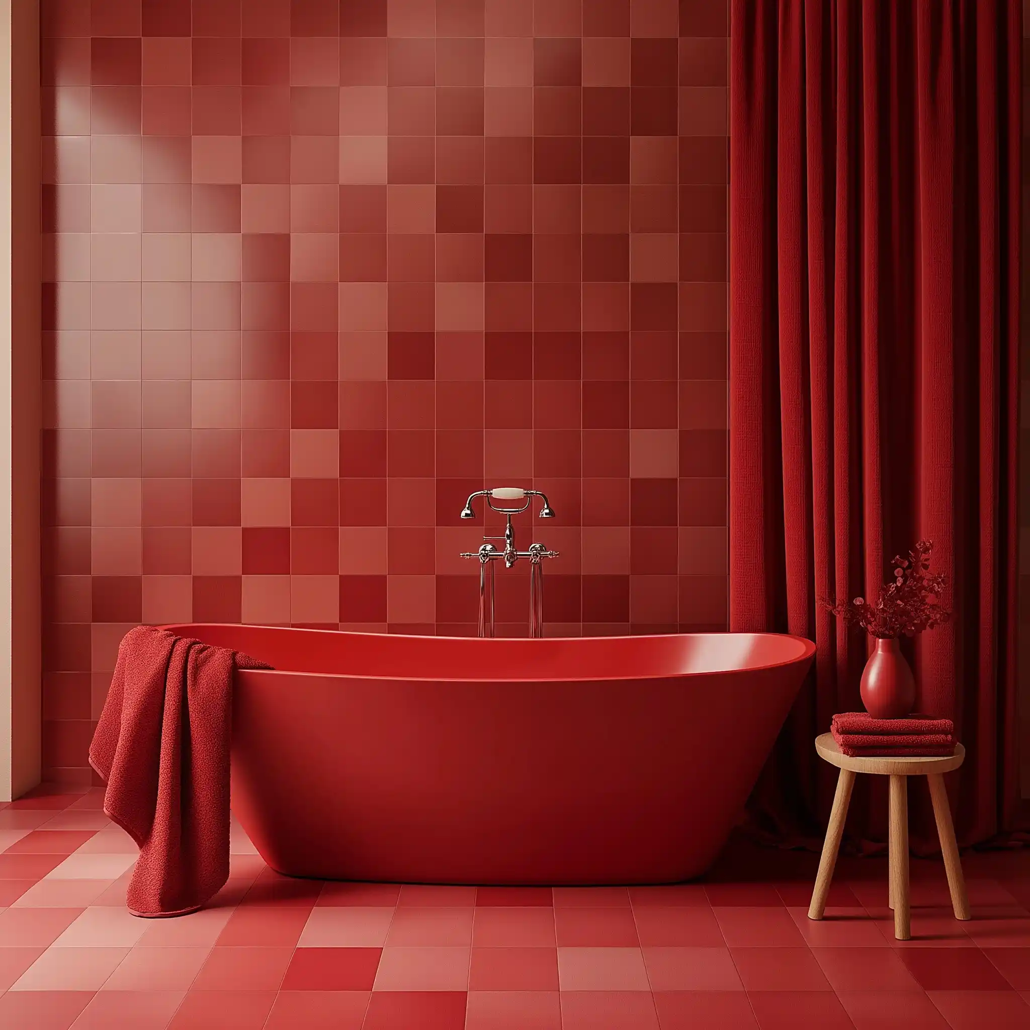 Red Minimalist Bathroom Scene Midjourney提示词