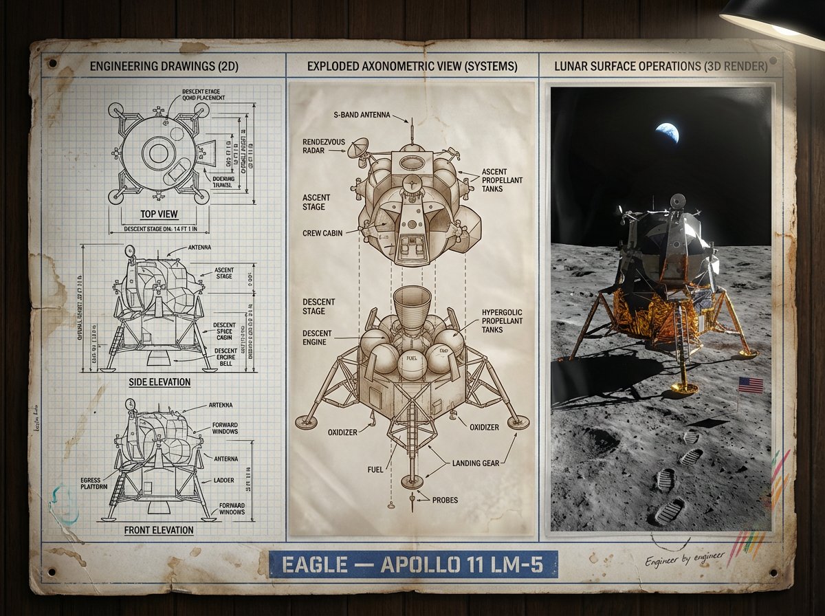 Apollo 11 Lunar Module LM-5 Eagle Blueprint & Moon Render Nano Banana提示词